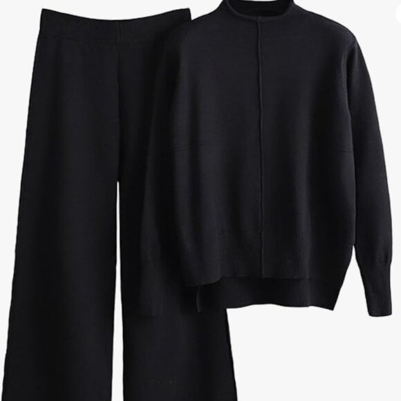 Women's 2 Piece Outfits Sweatsuit Mock Knit Pullover Top Wide Leg Tracksuit -MED - Picture 1 of 4